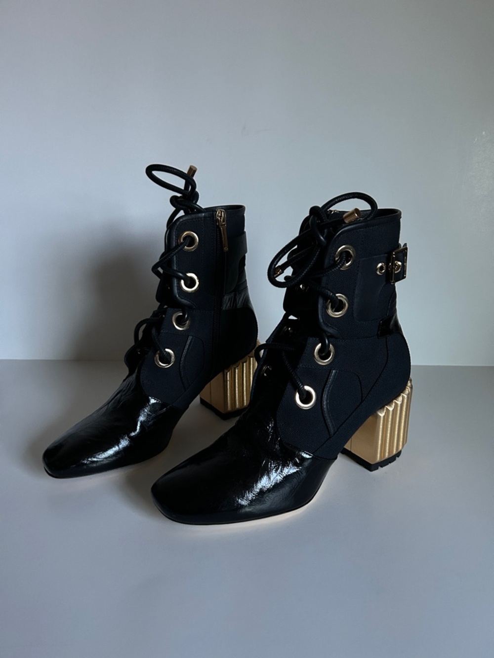 Dior Black Lace-Up Ankle Boots with Gold Ribbed Block Heel